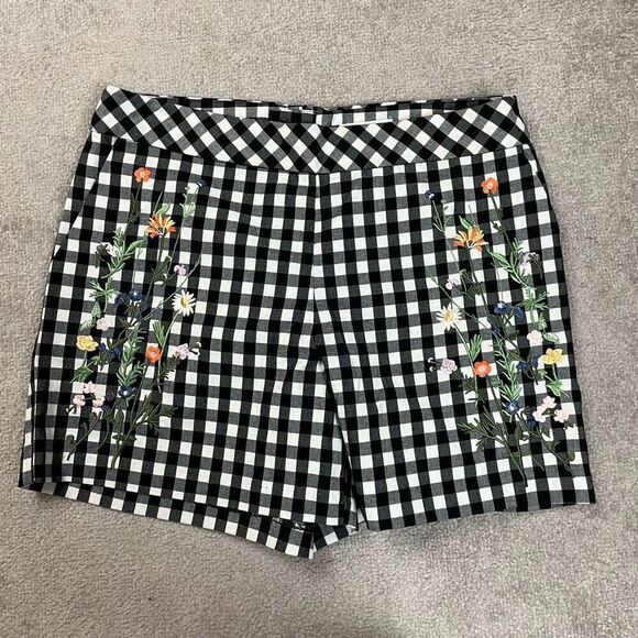 For the Republic Womens 10 Shorts Black White Check Embroidered Floral Stretch - Picture 1 of 4
